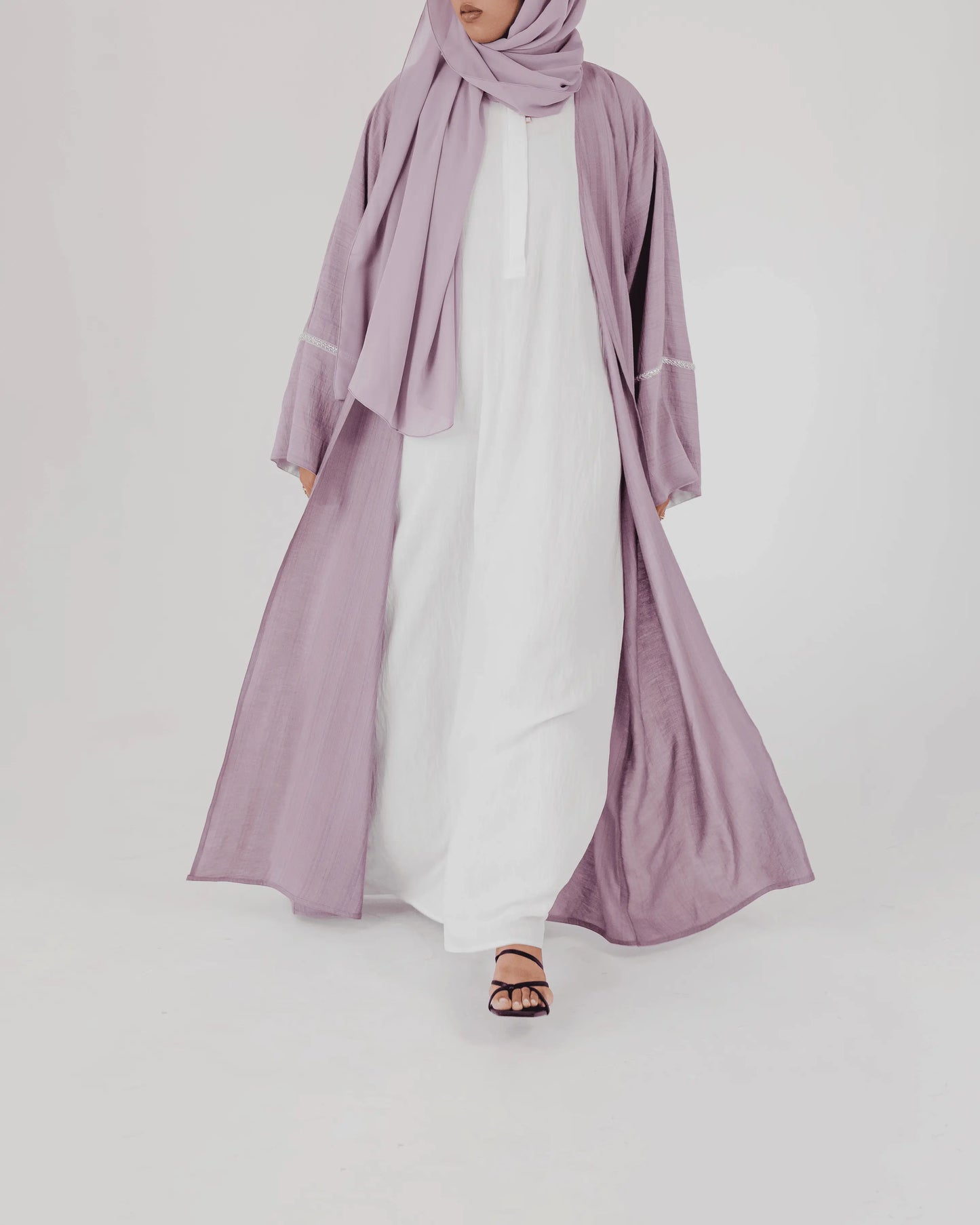 #LC02 | Mauve Open Abaya With White Abaya Slip Dress - Melek London