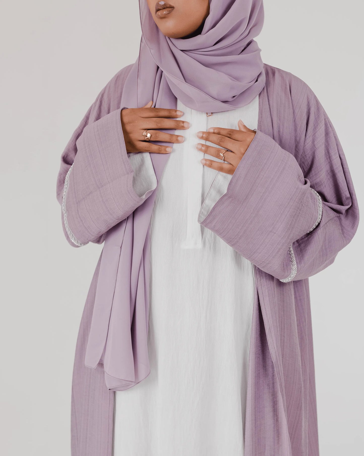 #LC02 | Mauve Open Abaya With White Abaya Slip Dress - Melek London