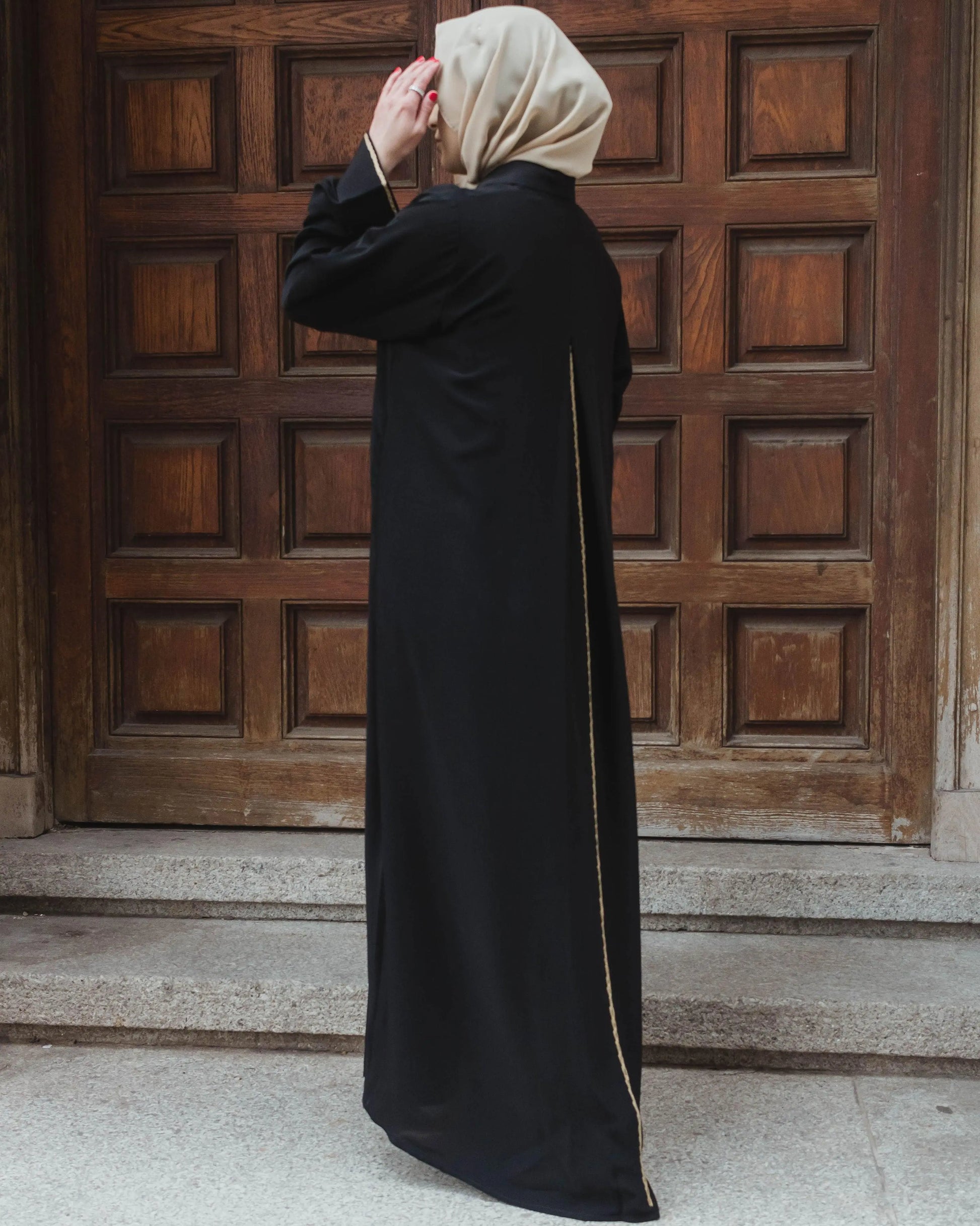 #R2302 | Black Abaya With Hand Embroidery Detail - Melek London